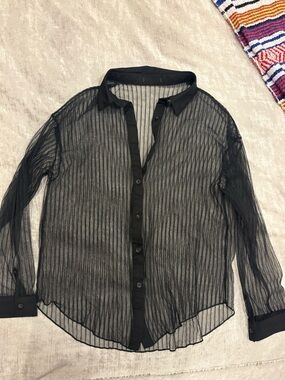 H&M Sheer Black Striped Button-Down Shirt